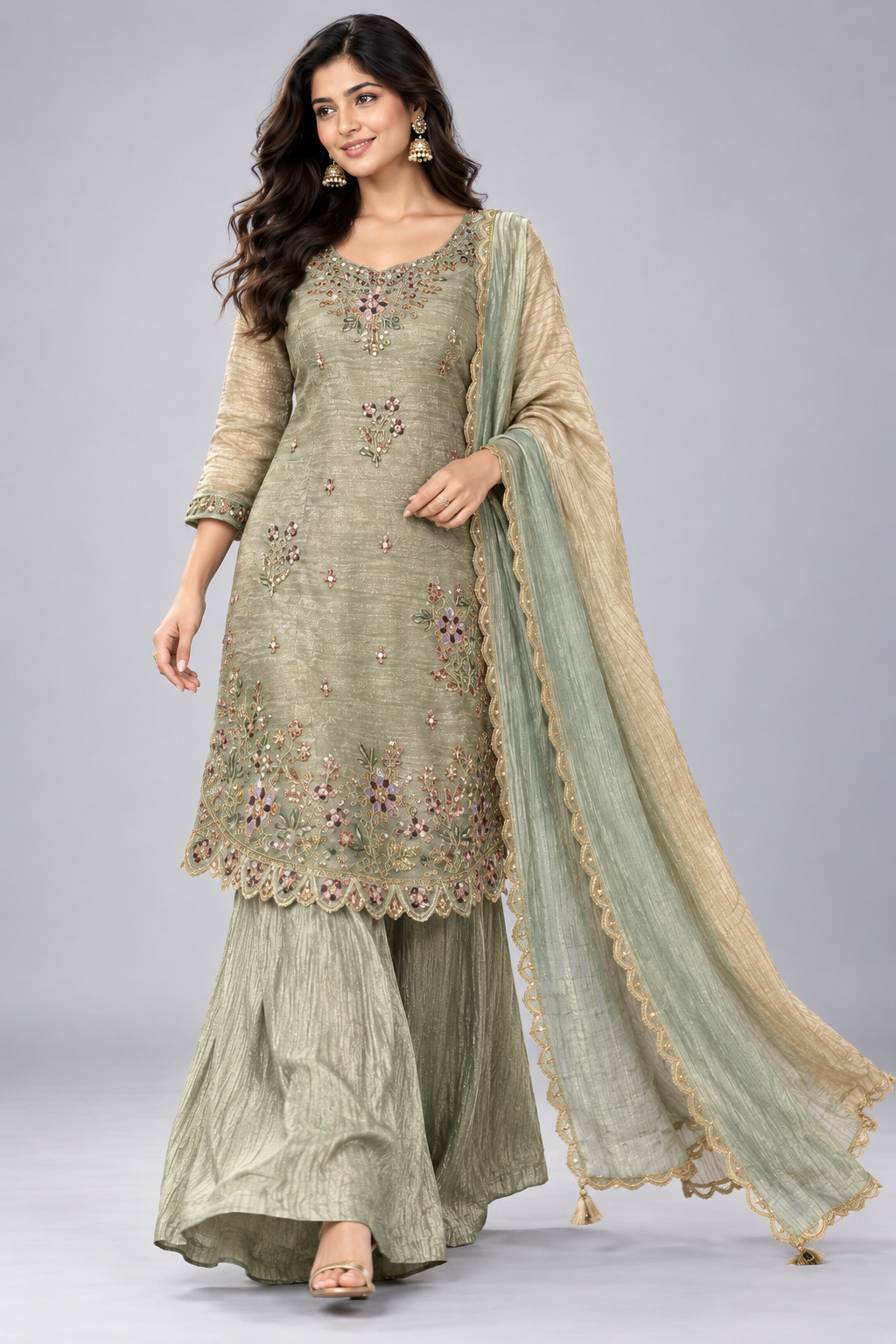 Elegant Sage Green Embroidered Kurta Sharara Set with Dupatta