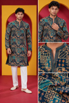 Men's Premium Dark Teal Blue Geometric Printed Kurta Pajama Set
