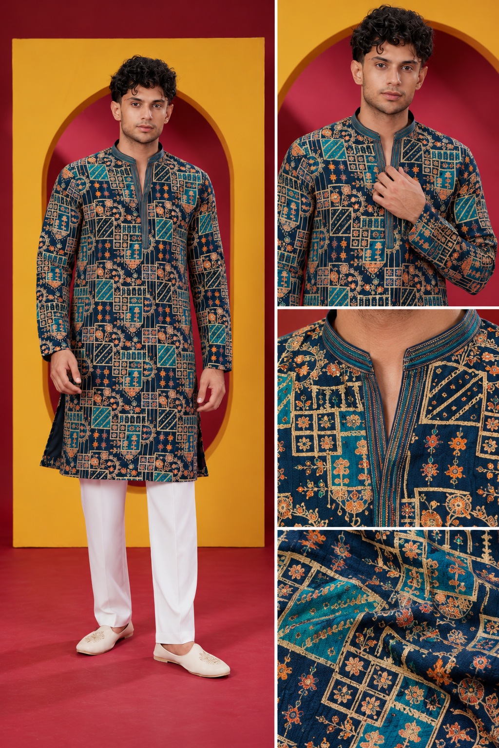 Men's Premium Dark Teal Blue Geometric Printed Kurta Pajama Set