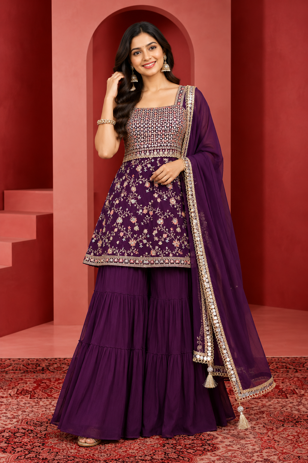 Royal Purple Embroidered Sharara Palazzo Set with Dupatta