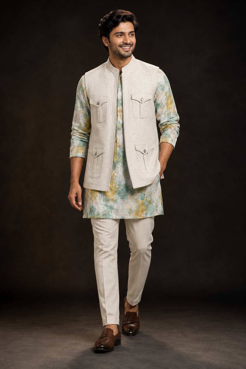 Pastel Printed Kurta with Ivory Utility Jacket Set
