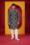 Men's Premium Dark Teal Blue Geometric Printed Kurta Pajama Set