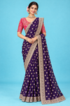 Royal Deep Blue  Designer Saree with Golden Floral Motifs & Heavy Embroidered Scalloped Border