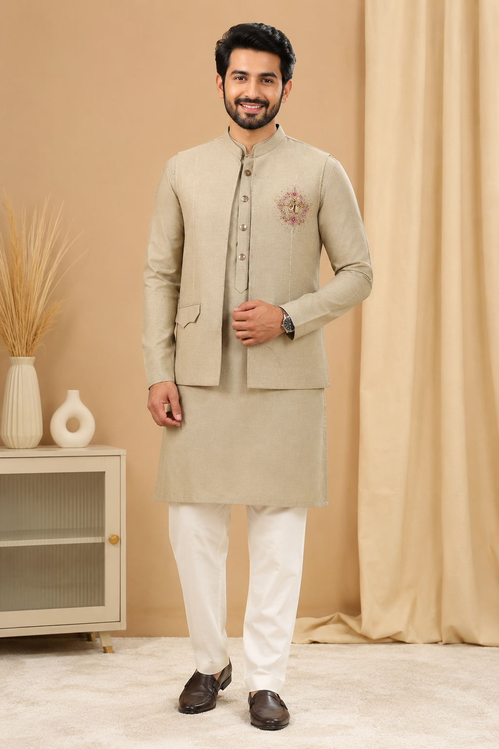 Men’s Beige Embroidered Kurta with Nehru Jacket Set