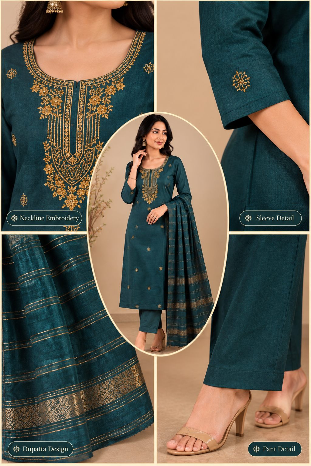 Elegant Teal Green Embroidered Kurti Pant & Dupatta Se