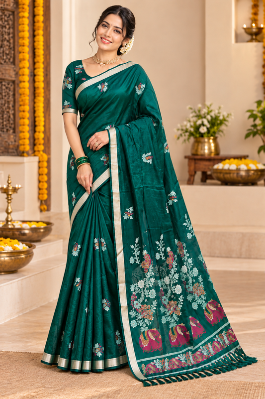 Green Floral Silk Saree