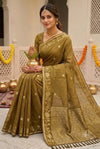 Olive Gold Woven Silk Saree with Floral Zari Border