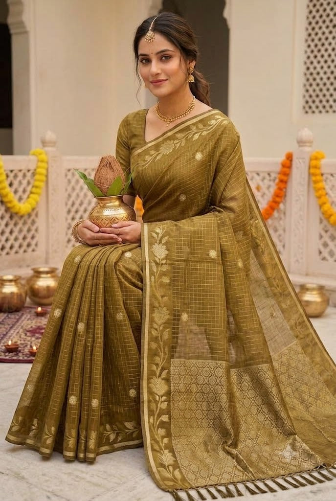 Olive Gold Woven Silk Saree with Floral Zari Border