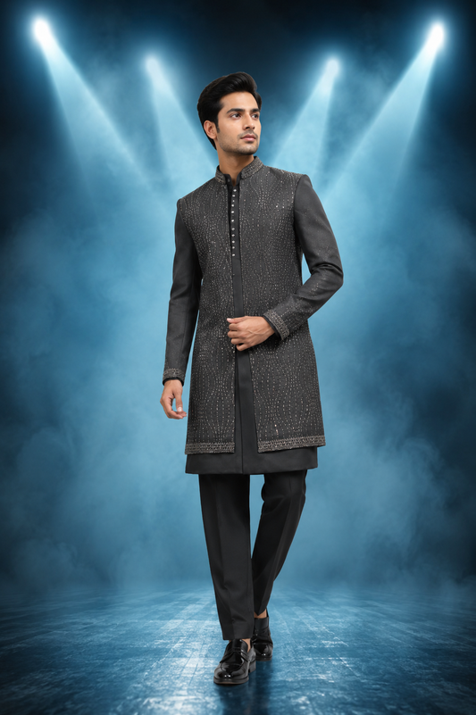 Black Embellished Indo-Western Sherwani Set