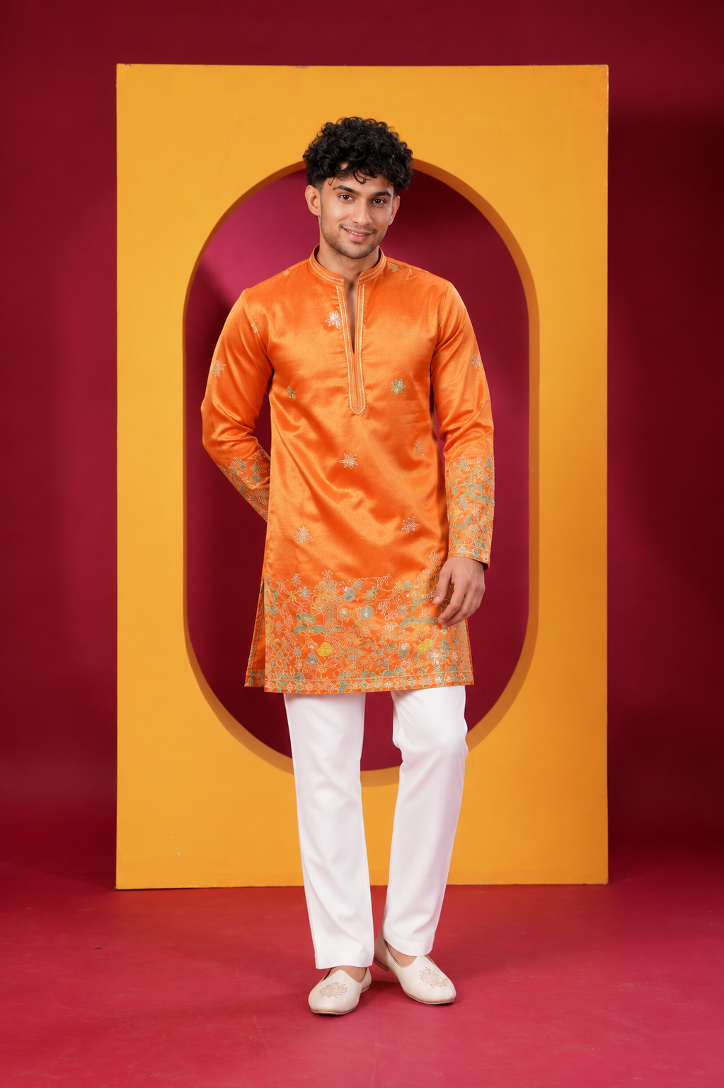 Men's Premium Bright Orange Embroidered Festive Kurta Pajama Set