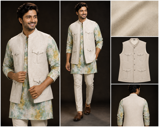 Pastel Printed Kurta with Ivory Utility Jacket Set