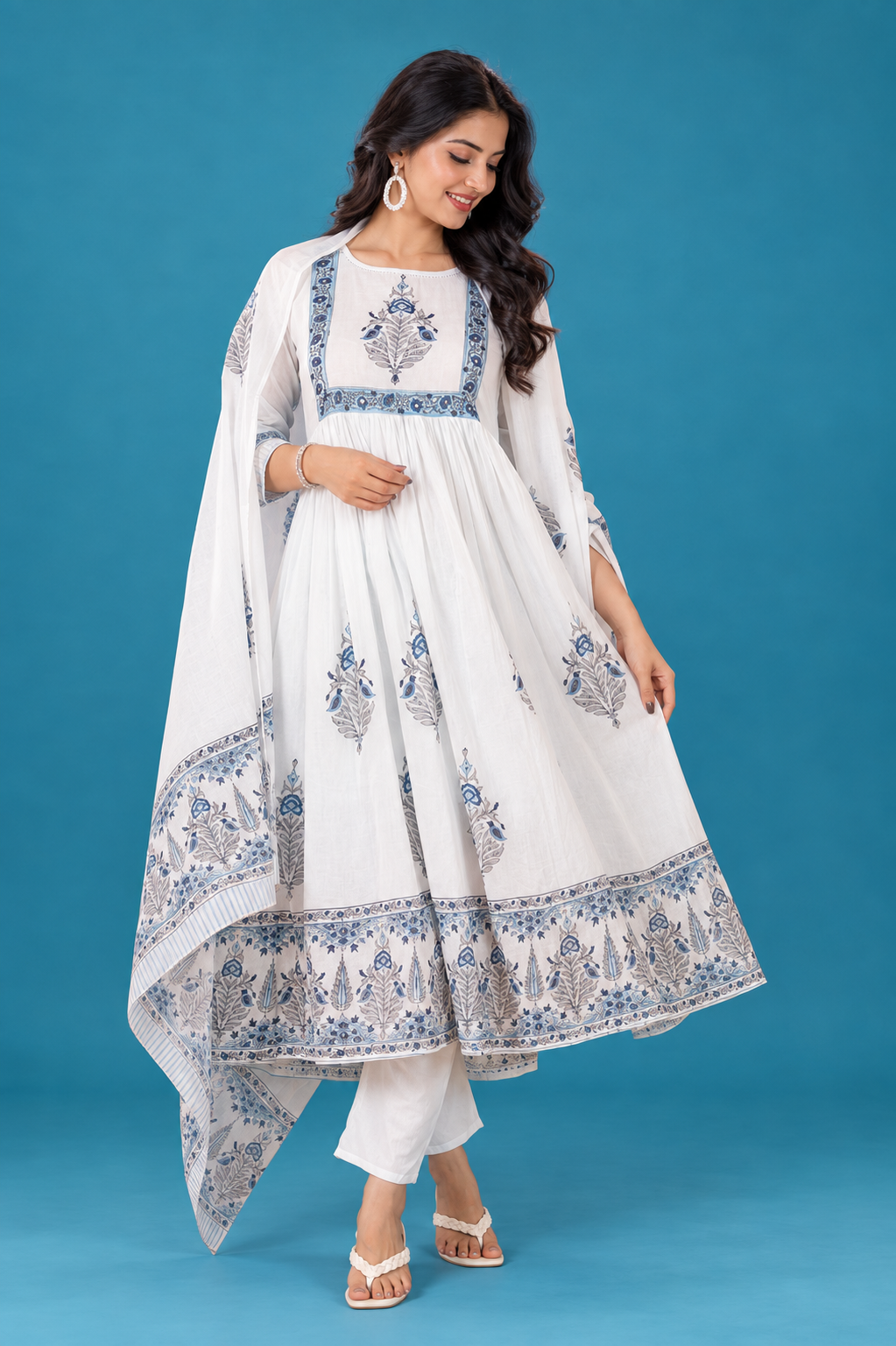 Elegant White & Blue Printed Anarkali Set