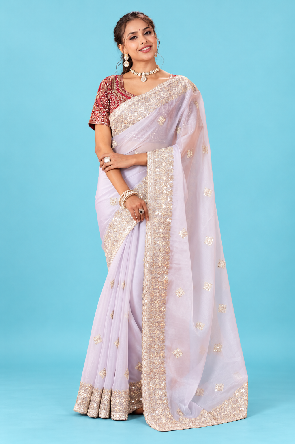 Elegant Pastel Lavender Designer Saree with Golden Embroidery & Rich Scalloped Border