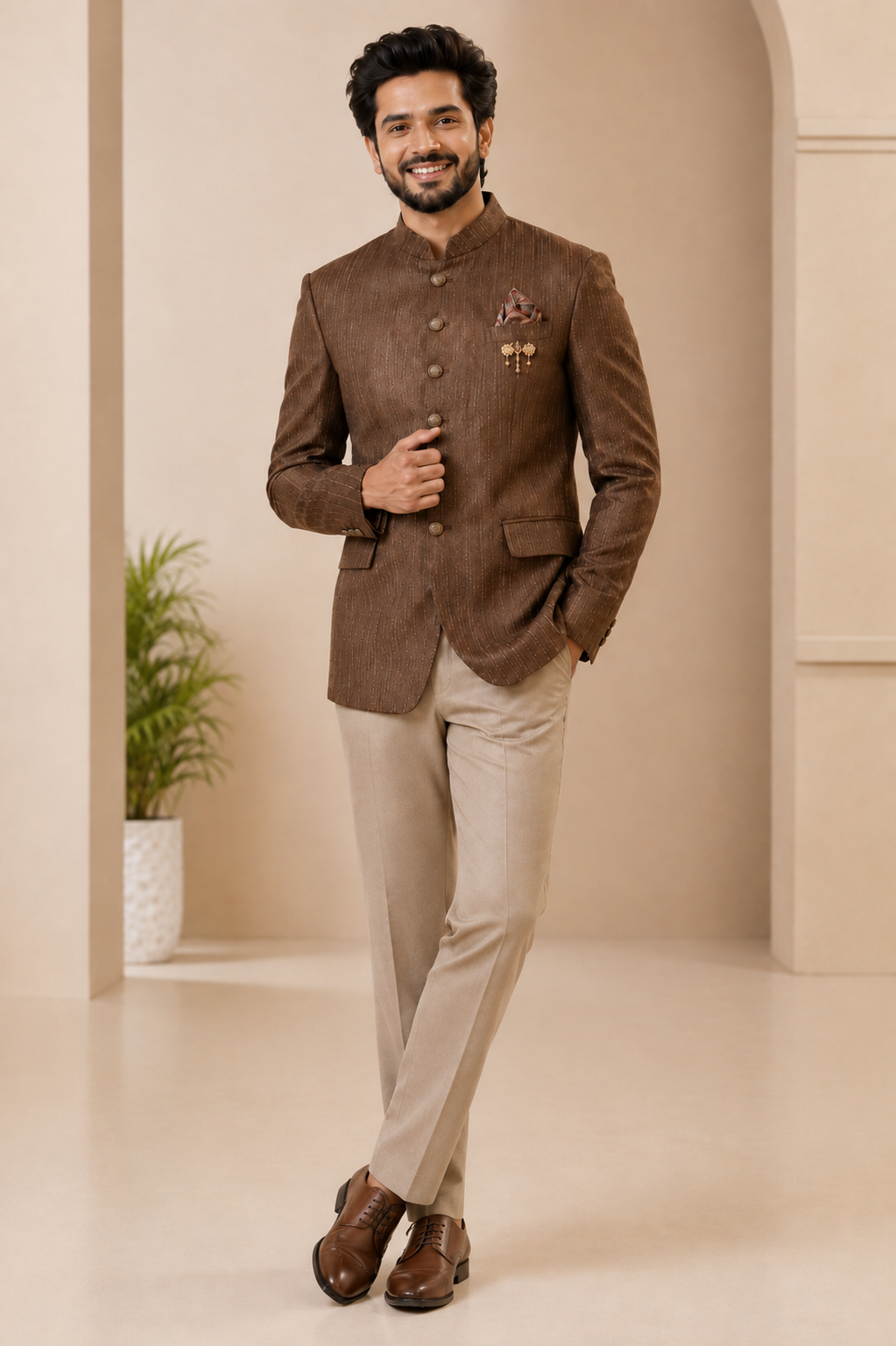 Men’s Brown Textured Bandhgala Jacket