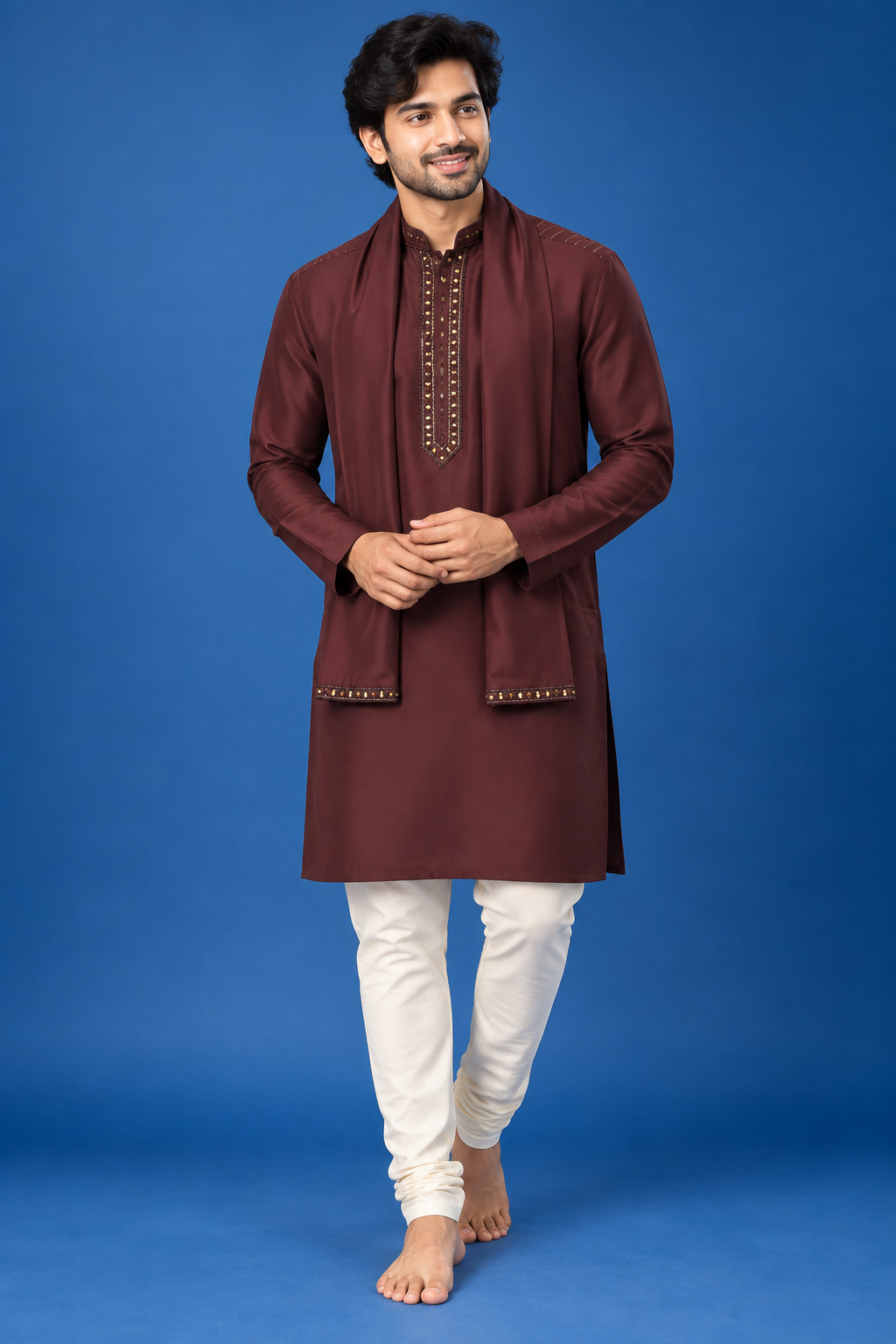 Maroon Embroidered Kurta Set with Stole