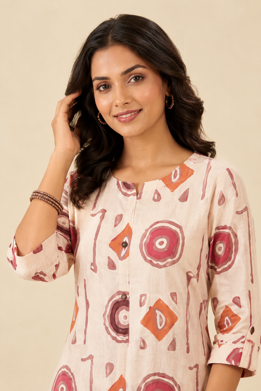 Abstract Print Mandarin-Neck Kurti Co-Ord Set