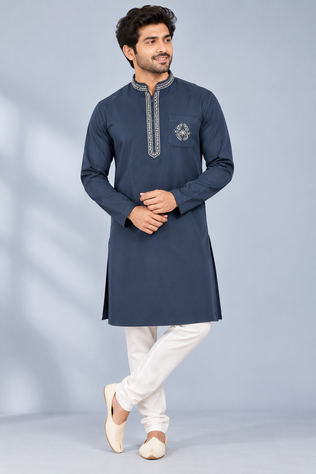 Navy Blue Embroidered Men’s Ethnic Kurta