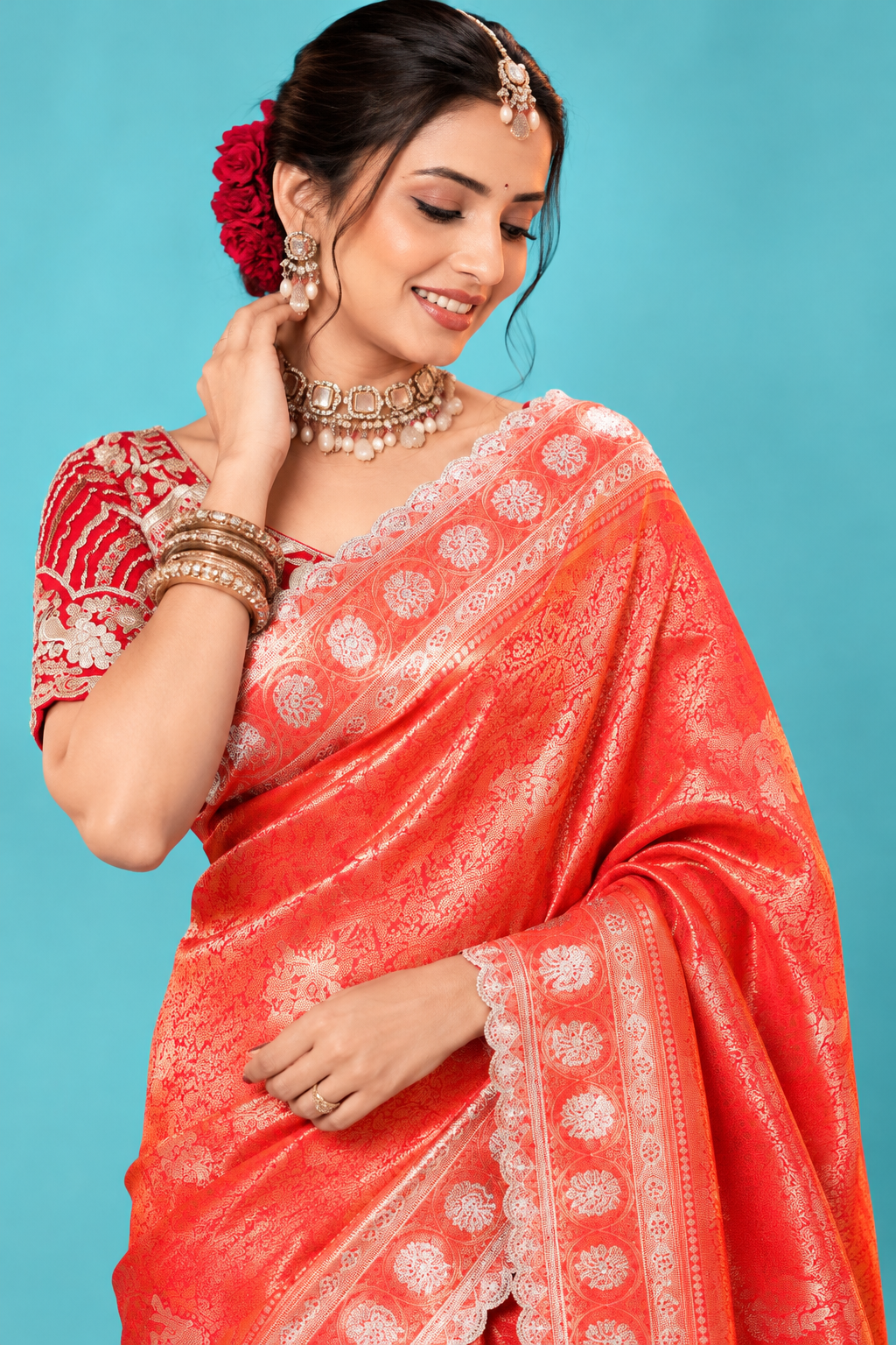 Royal Coral Red Designer Saree with Golden Zari Floral Motifs & Rich Traditional Pallu