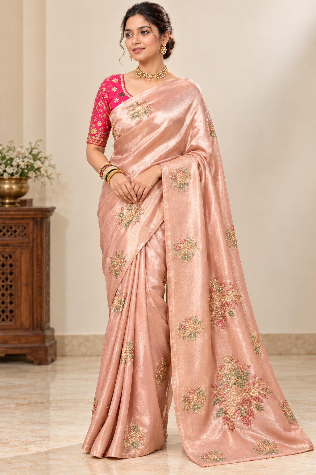 Blush Pink Floral Silk Saree