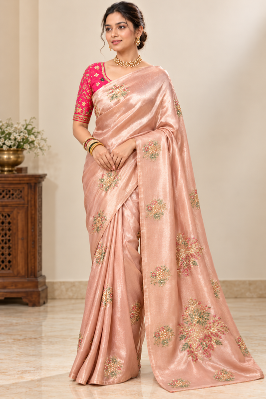 Blush Pink Floral Silk Saree