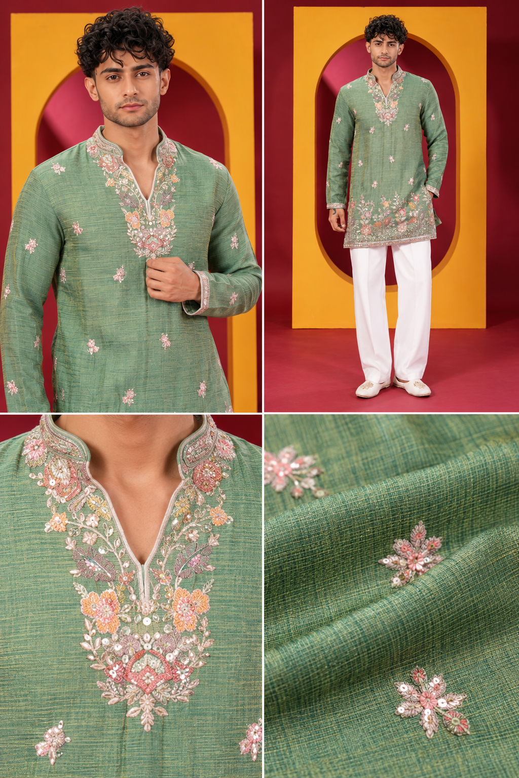 Men's Premium Sage Green Floral Embroidered Festive Kurta Pajama Set