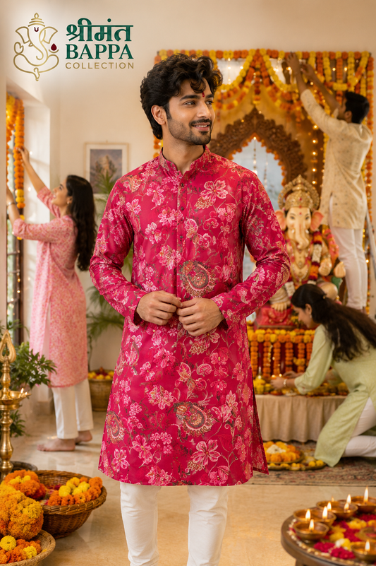 Rani Pink Floral Print Festive Kurta Set