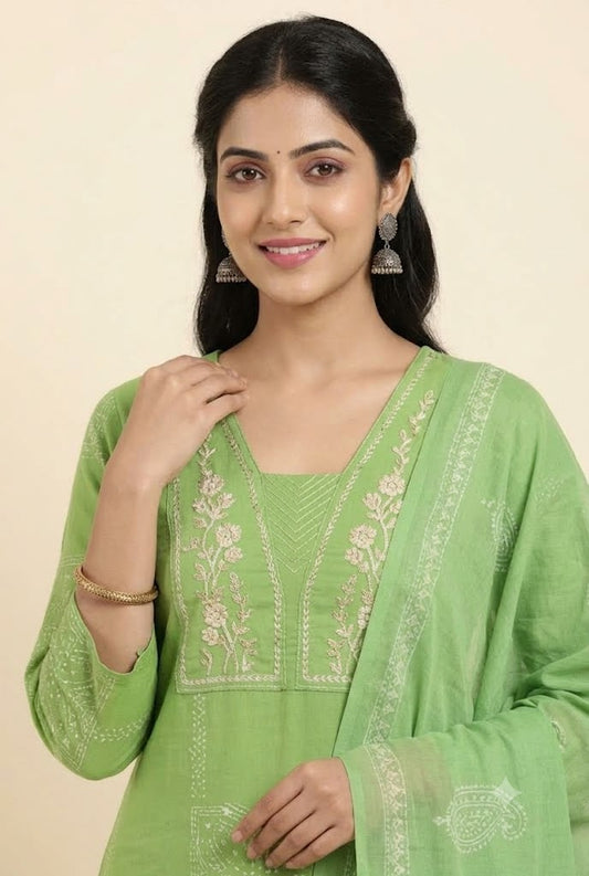Light Green Embroidered Yoke Straight Kurta with Trousers & Printed Dupatta Set
