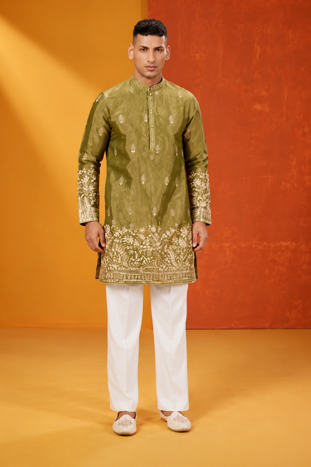 Premium Olive Green Embroidered Kurta Set for Men
