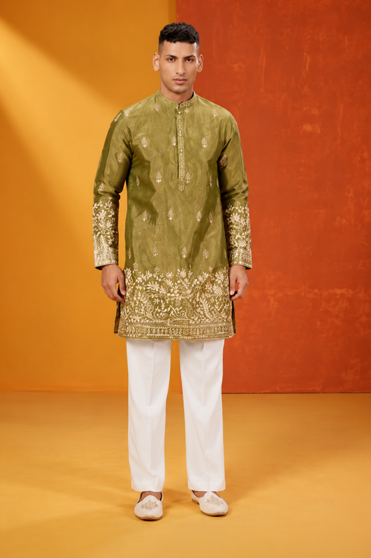 Premium Olive Green Embroidered Kurta Set for Men