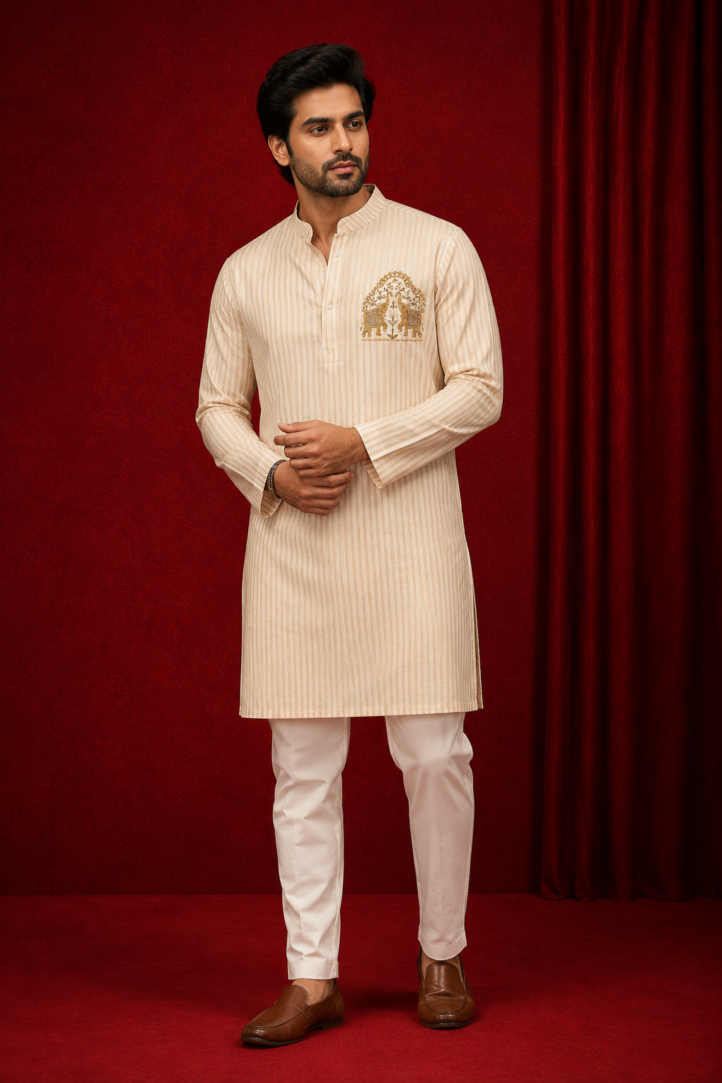 Beige Striped Kurta Set with Gold Elephant Motif Embroidery