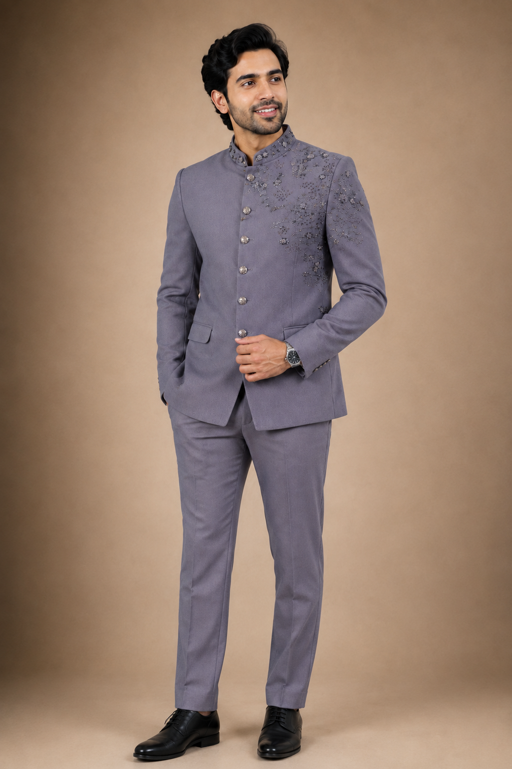 Lavender Grey Embellished Jodhpuri Suit for Men