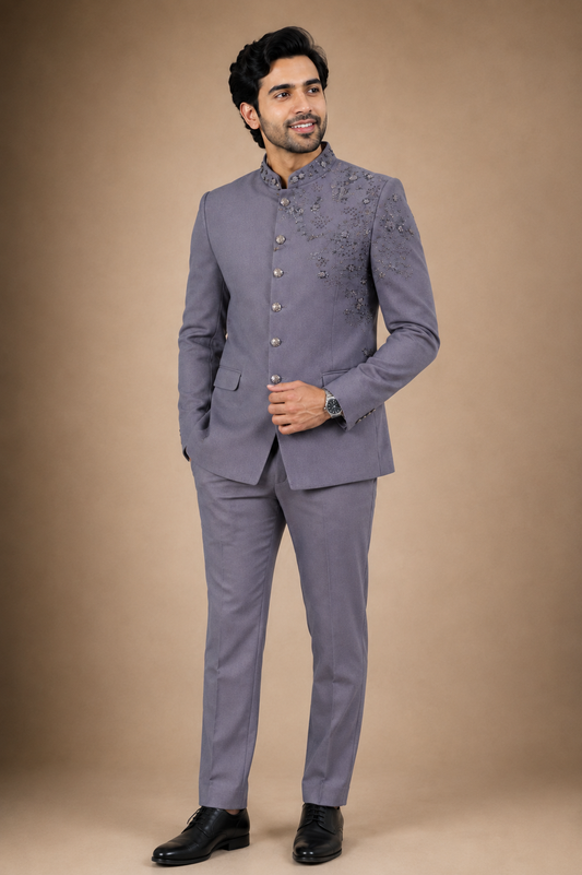 Lavender Grey Embellished Jodhpuri Suit for Men