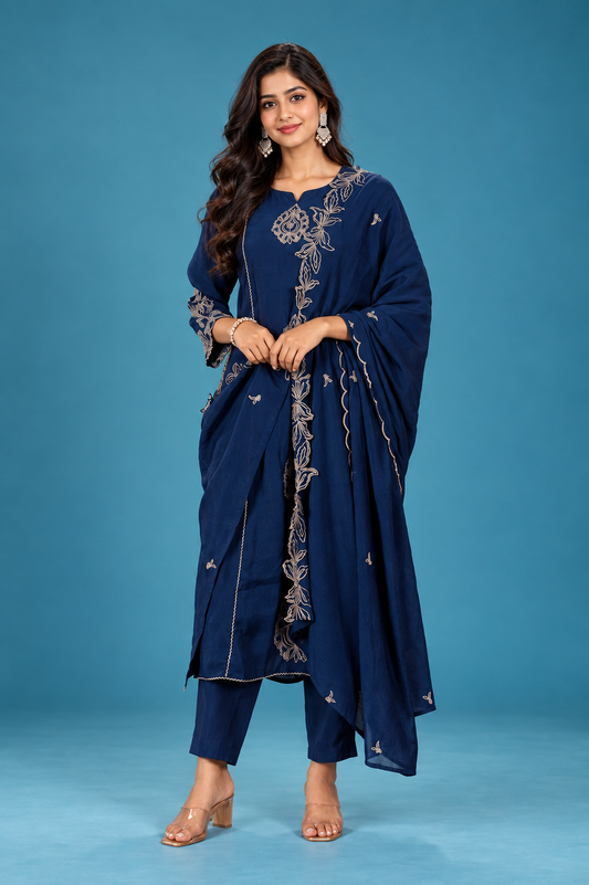 Elegant Navy Blue Embroidered Kurta Set with Dupatta