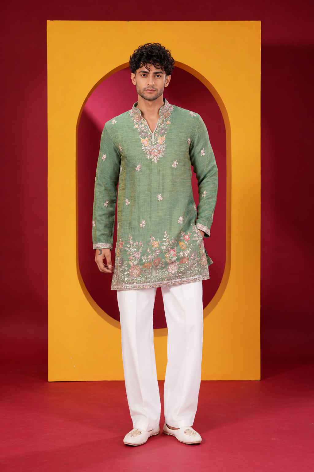 Men's Premium Sage Green Floral Embroidered Festive Kurta Pajama Set