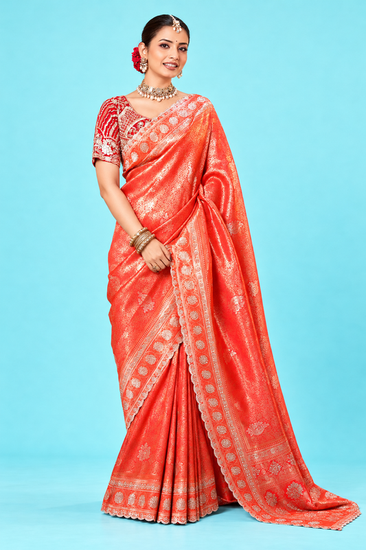 Royal Coral Red Designer Saree with Golden Zari Floral Motifs & Rich Traditional Pallu