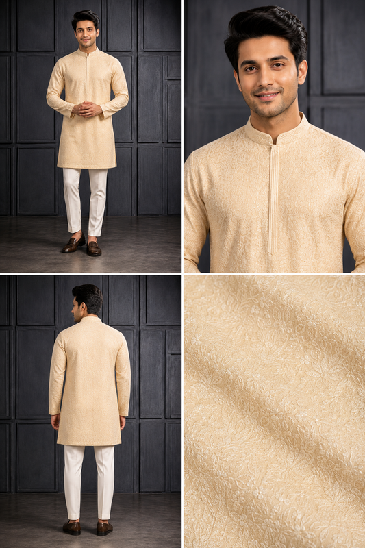 Cream Textured Men’s Festive Kurta
