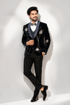 Men’s Black Velvet Floral Embroidered Tuxedo Blazer