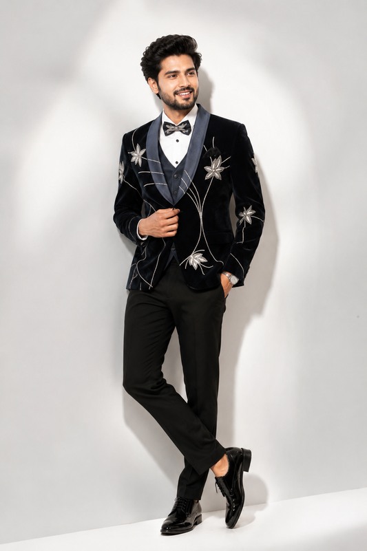 Men’s Black Velvet Floral Embroidered Tuxedo Blazer