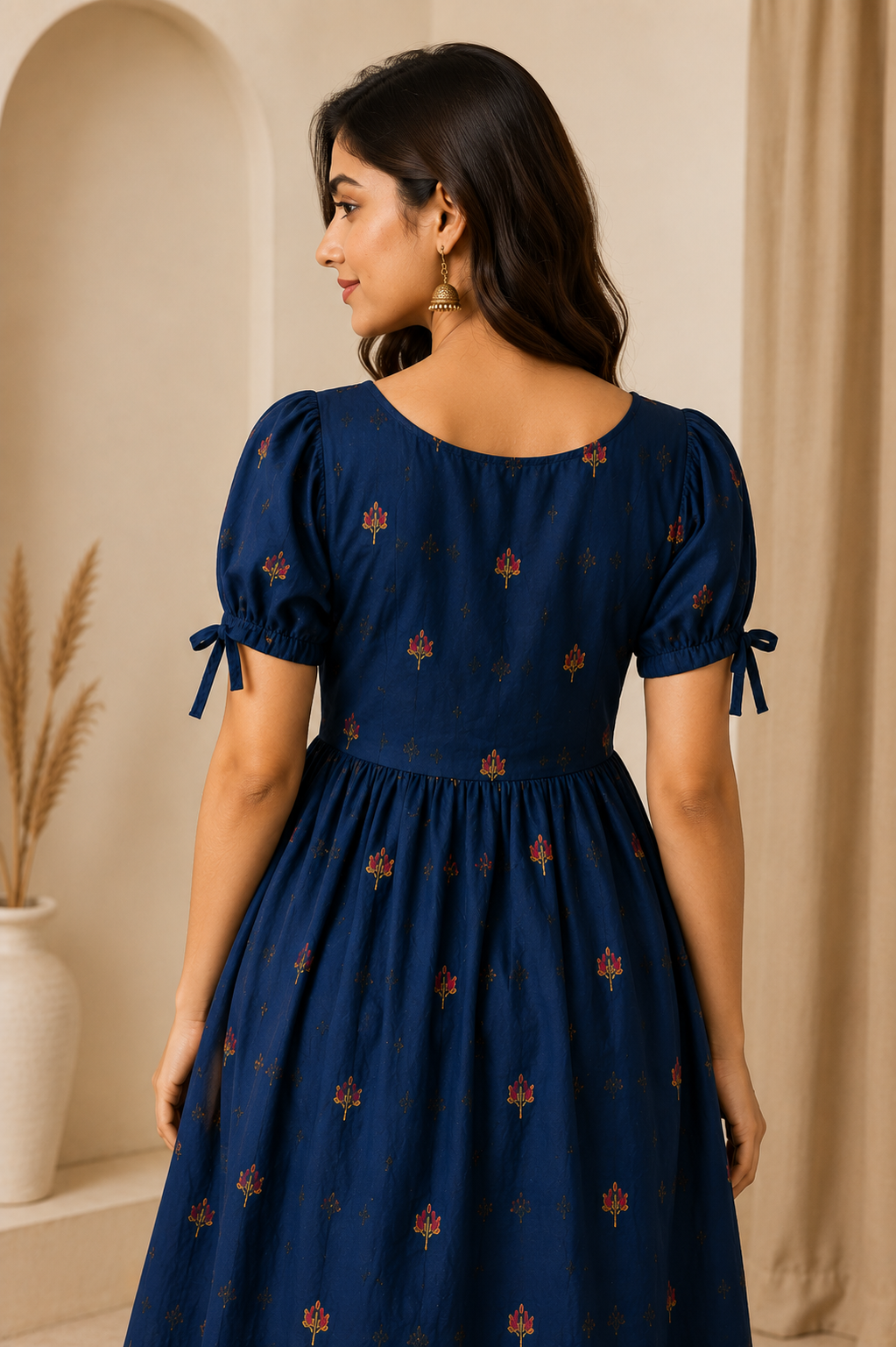 Navy Blue Floral Tie-Up Puff Sleeve Midi Dress