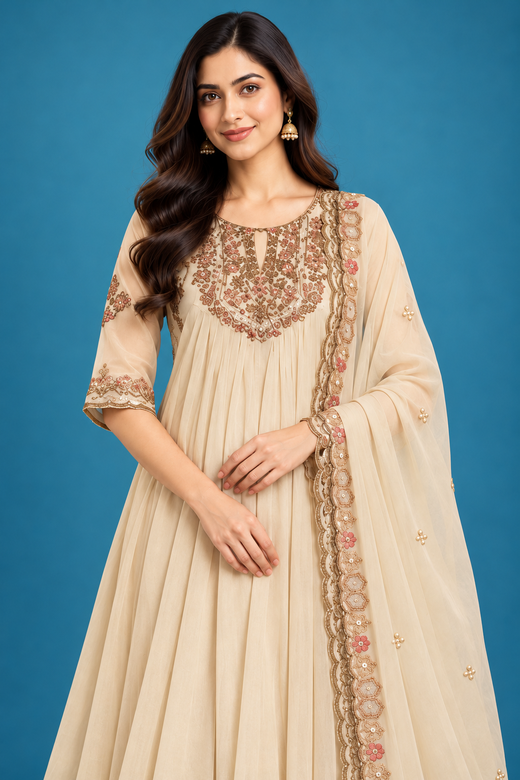Elegant Ivory Embroidered Anarkali Kurti Pant & Dupatta Set