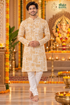Men's Off-White and Golden Ethnic Print Long Sleeve Kurta