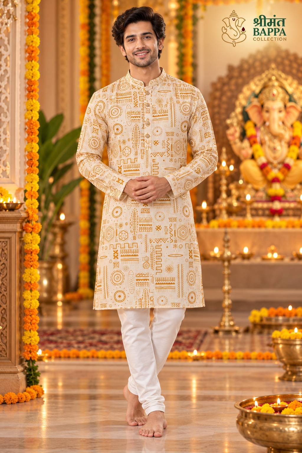 Men's Off-White and Golden Ethnic Print Long Sleeve Kurta
