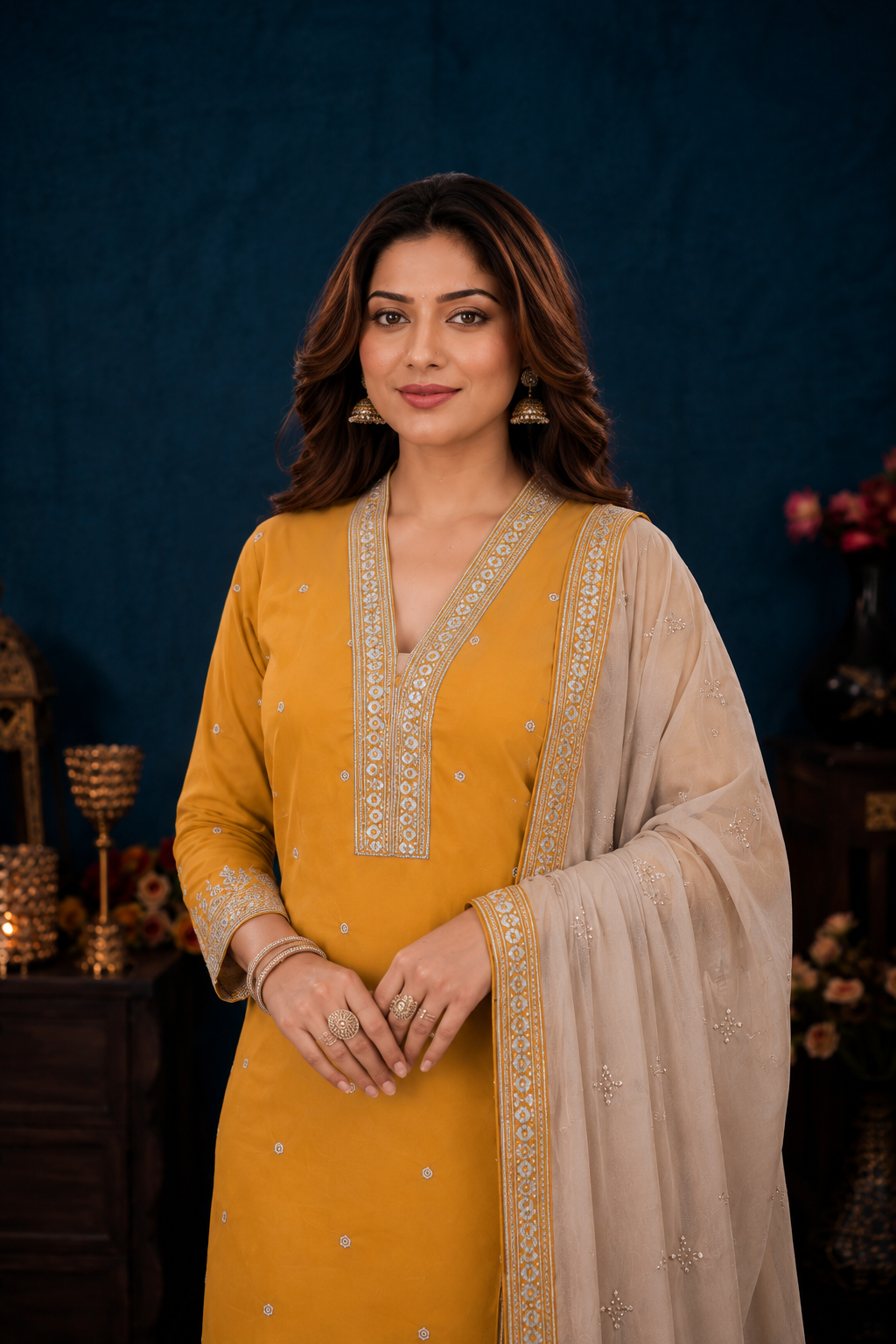 Mustard Yellow Embroidered Kurti Pant Set with Beige Dupatta