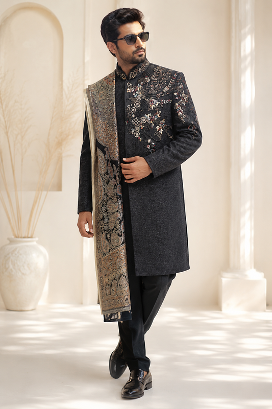 Black Embroidered Designer Sherwani Set with Stole