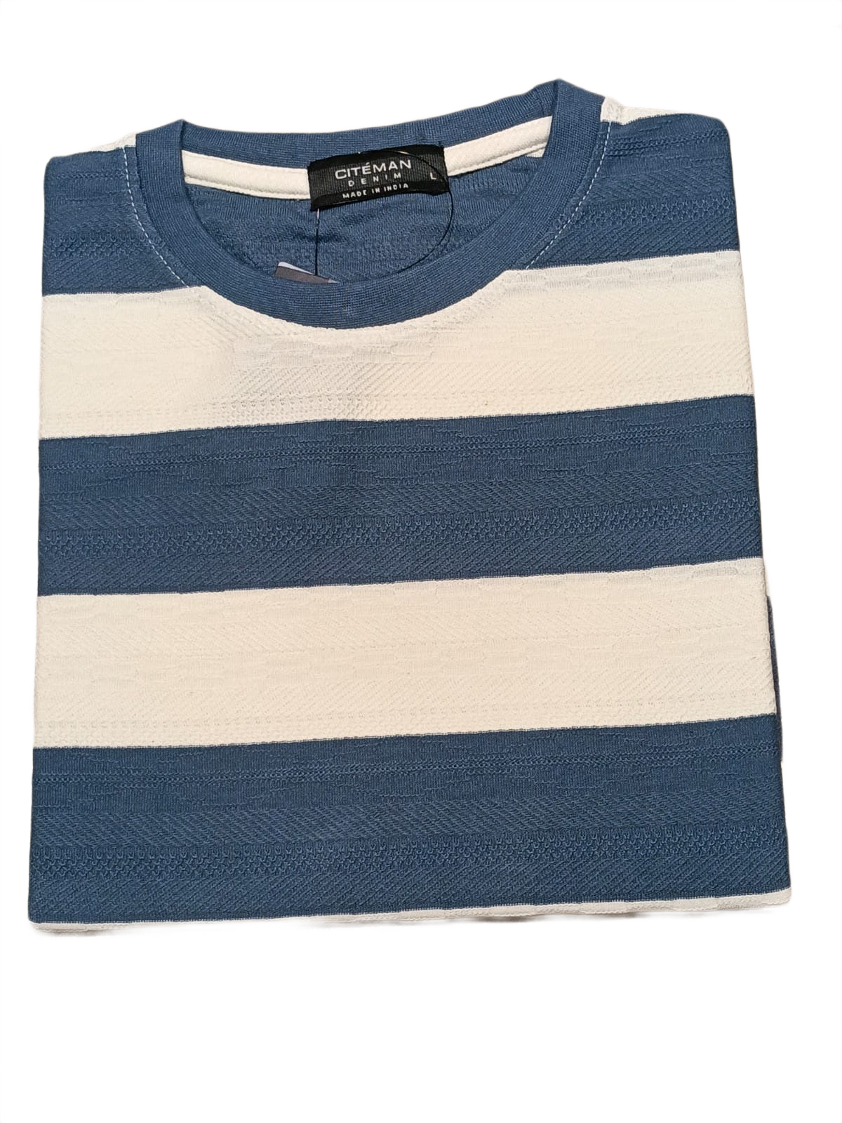 Men's Blue & Off-White Striped Round Neck T-Shirt