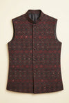 Maroon Geometric Jacquard Nehru Jacket