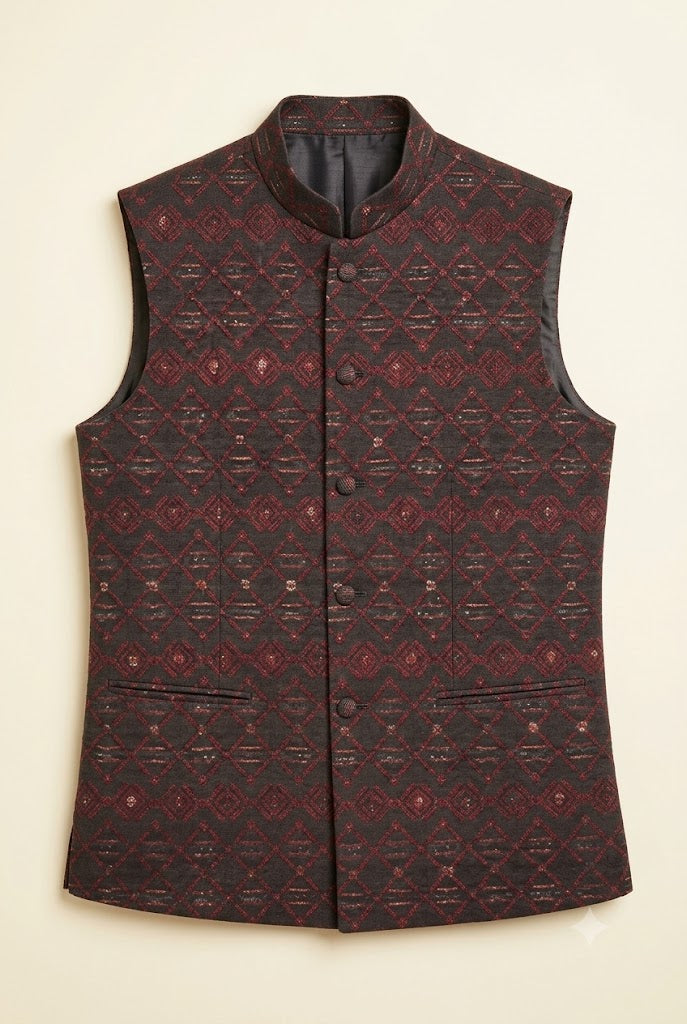 Maroon Geometric Jacquard Nehru Jacket