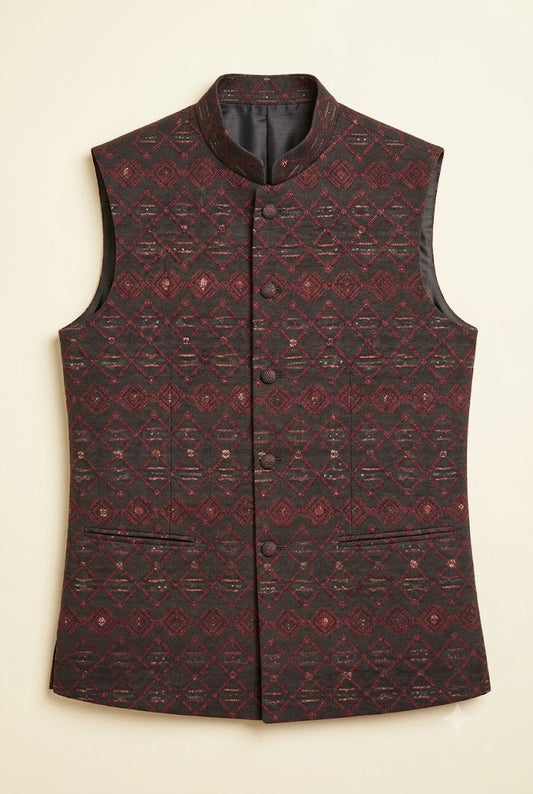Maroon Geometric Jacquard Nehru Jacket