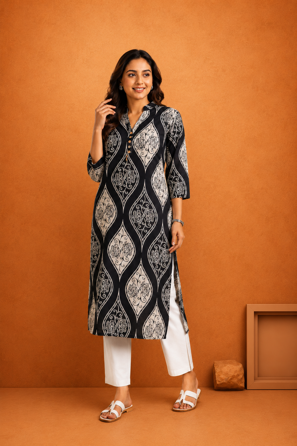 Women's  White Geometric Printed Kurti