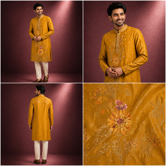 Mustard Yellow Floral Embroidered Silk Kurta Set for Men